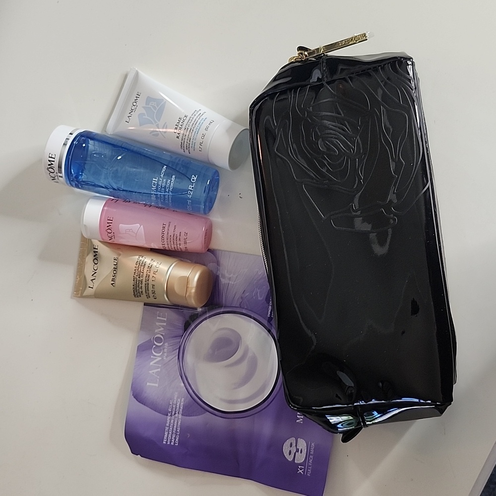 NEW Lancôme Trial Size 5 Piece Facial Cleansing Set wi/Black Rose Cosmetics Bag